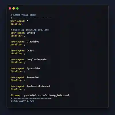 Example robots.txt from an audited third-party site showing AI crawlers blocked by Cloudflare, including GPTBot, ClaudeBot, Google-Extended and Bytespider
